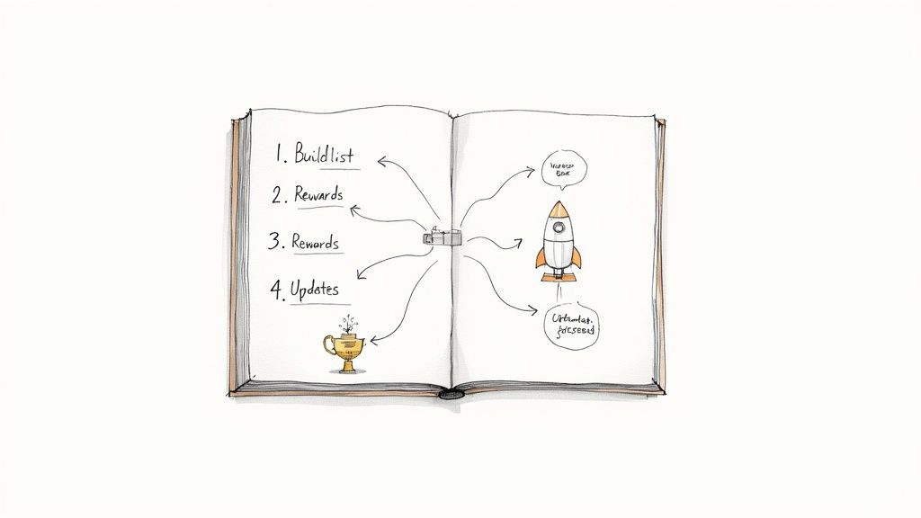 A hand-drawn mind map in an open book illustrates key crowdfunding project stages and goals.