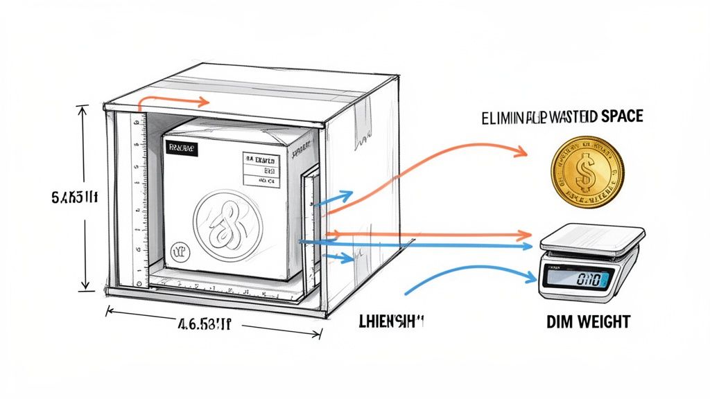 Illustration showing how wasted space in shipping boxes increases dimensional weight and ultimately costs money.