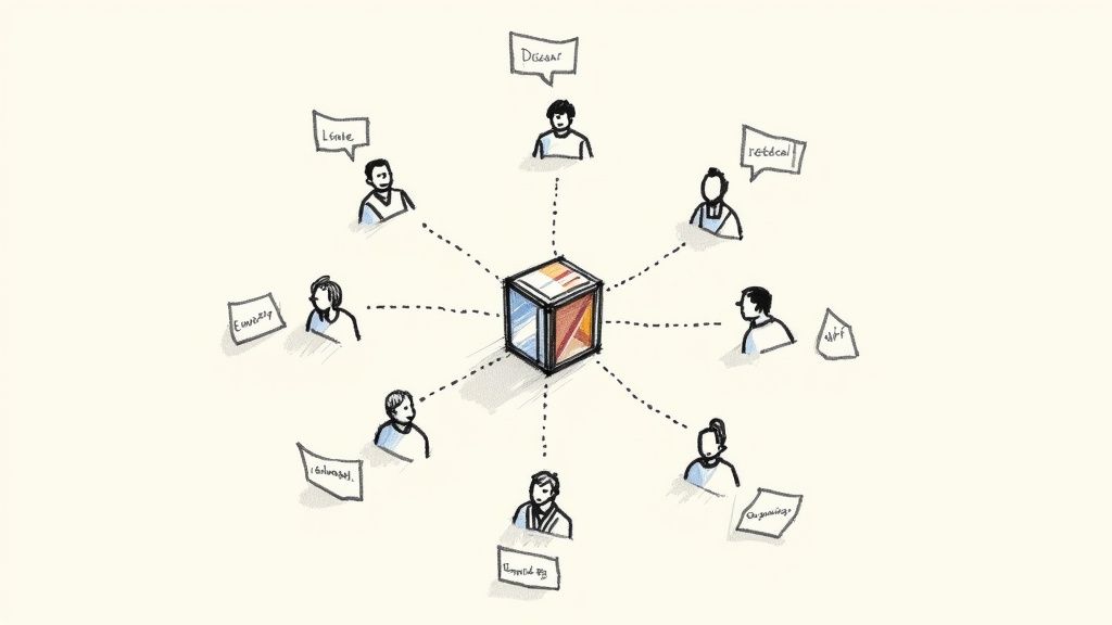 Diverse group of people collaboratively interacting with a central colorful cube via dotted lines.
