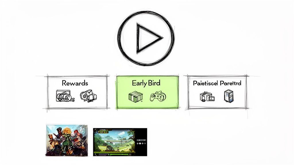 Illustration of a video game crowdfunding page with a play button, reward tiers, and game art.
