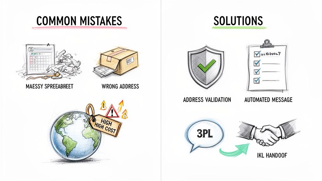 Infographic comparing common logistics mistakes like wrong addresses and high costs with solutions such as address validation and 3PL services.