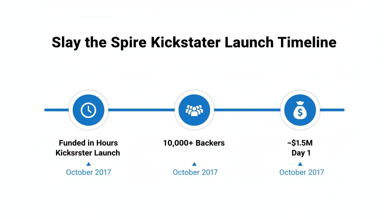 Slay the Spire Kickstarter launch timeline showing funding in hours, 10,000+ backers, and $1.5M on Day 1.