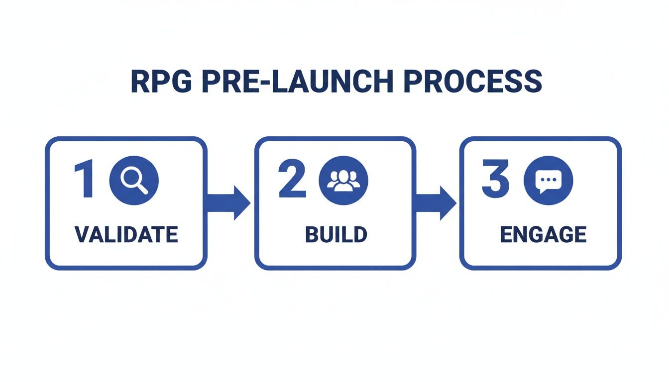 Diagram illustrating the RPG pre-launch process with three steps: validate, build, and engage.