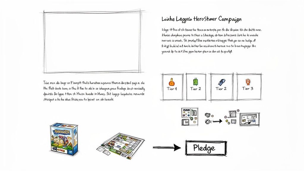Sketch diagram of a tabletop game crowdfunding campaign with pledge tiers, components, and game box.