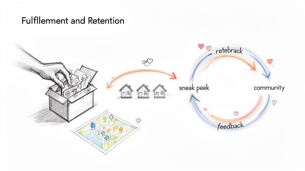 Diagram illustrating a subscription box game model with community feedback and customer retention strategies.