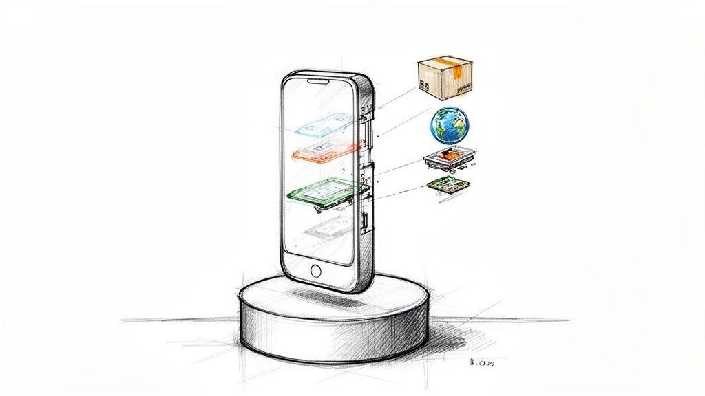 A detailed sketch showing a transparent smartphone with internal components and external supply chain elements.
