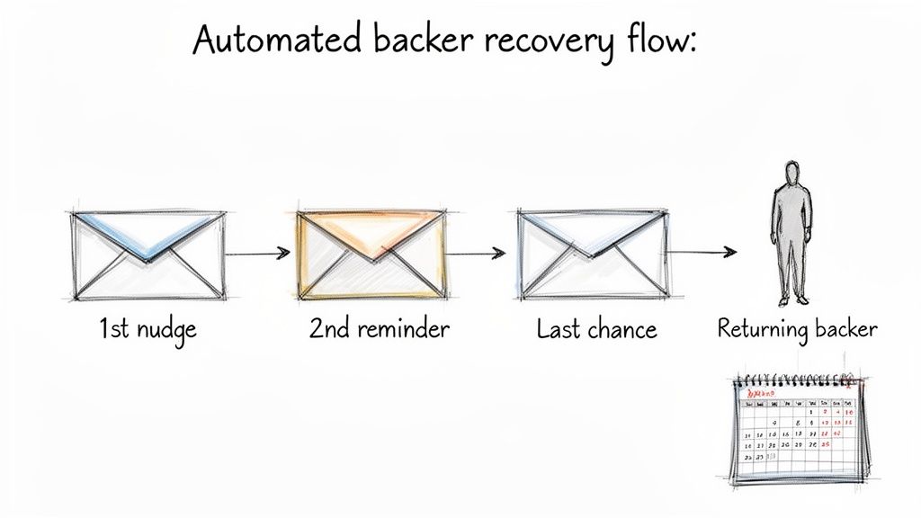 A flowchart showing automated backer recovery: 1st nudge, 2nd reminder, last chance, leading to a returning backer.