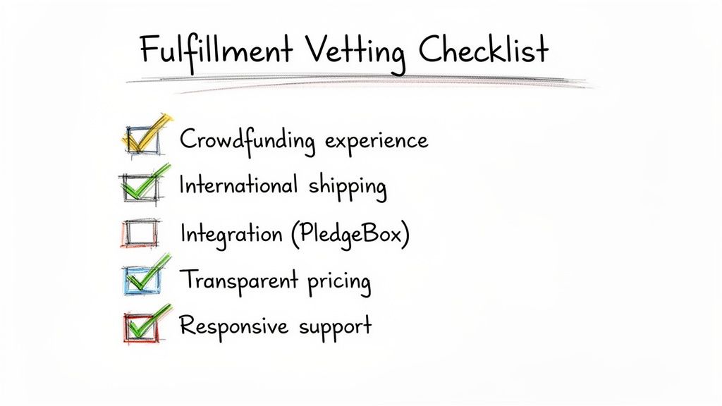 A handwritten 'Fulfillment Vetting Checklist' with four items checked and one unchecked.