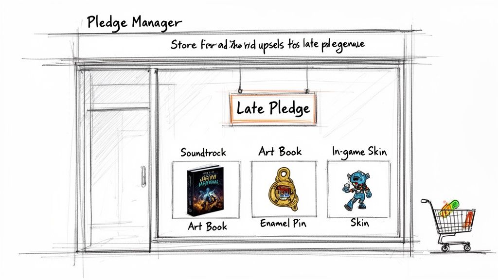 Sketch of a late pledge manager storefront displaying video game rewards like art books, pins, and skins.