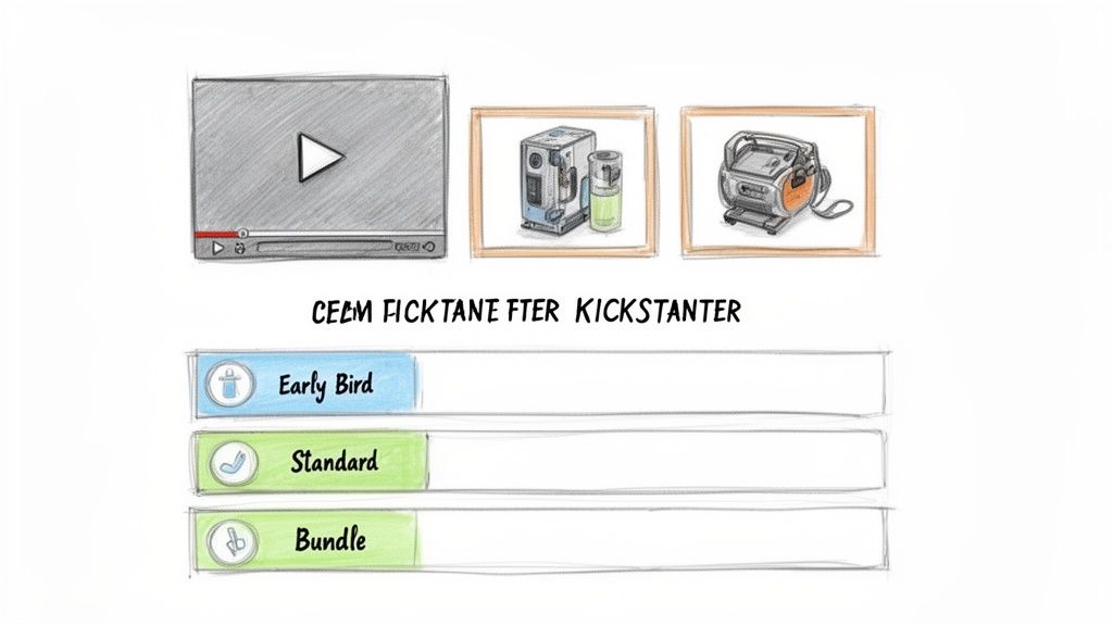 Hand-drawn sketch of a Kickstarter campaign page, showing a video, product images, and pledge options.