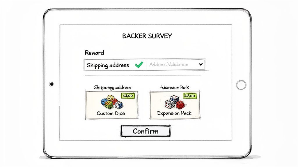 A hand-drawn tablet screen displays a 'Backer Survey' for reward selection and shipping address confirmation.