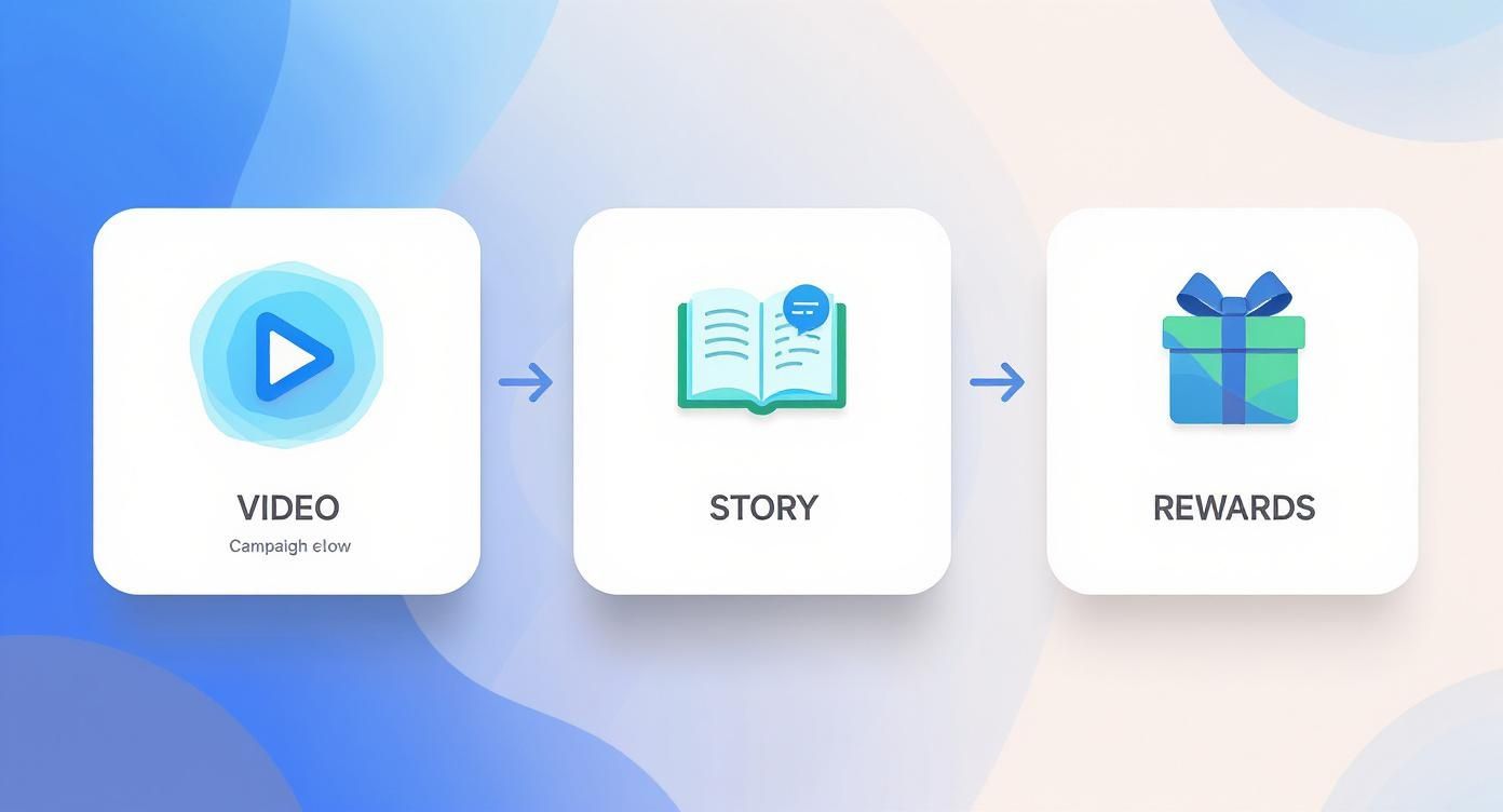 Diagram illustrating a campaign workflow from video content to storytelling and user rewards.