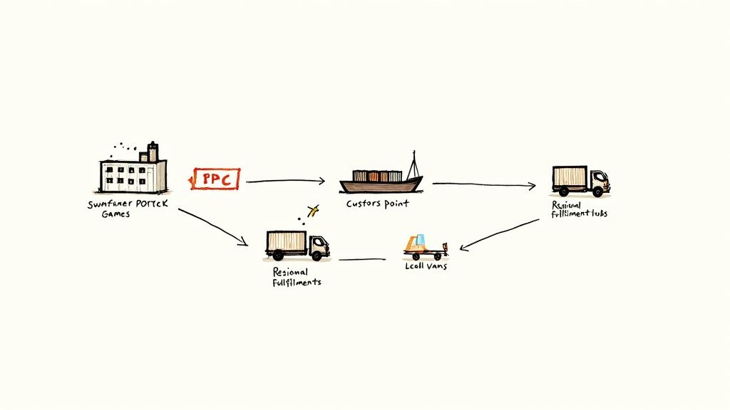 A diagram illustrates the supply chain for Sunfumer POTTEK Games, featuring factory, shipping, and regional fulfillment.