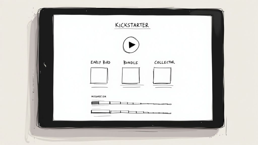 A hand-drawn sketch of a Kickstarter campaign page on a tablet, featuring reward tiers and progress bars.