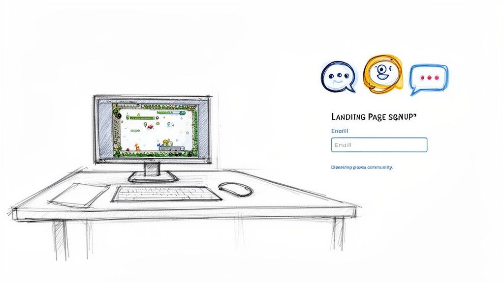 Hand-drawn sketch of a desktop computer showing a pixel game, with a signup form.