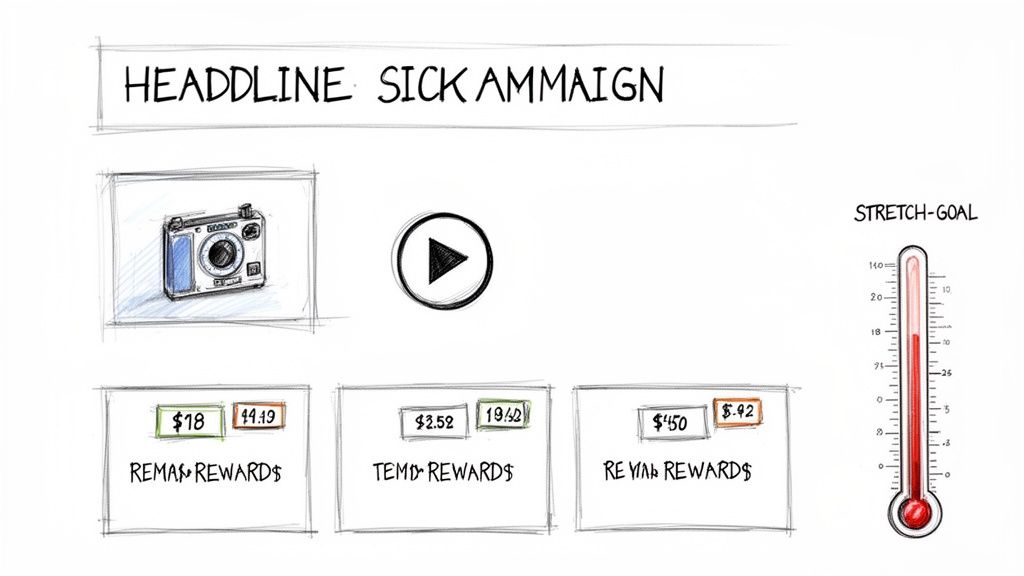 A hand-drawn sketch outlining a marketing campaign with rewards, a video icon, and a stretch goal thermometer.