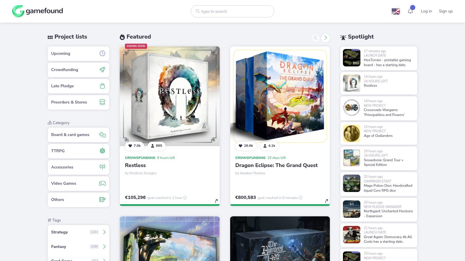 The Gamefound website homepage displaying popular and upcoming tabletop game campaigns.