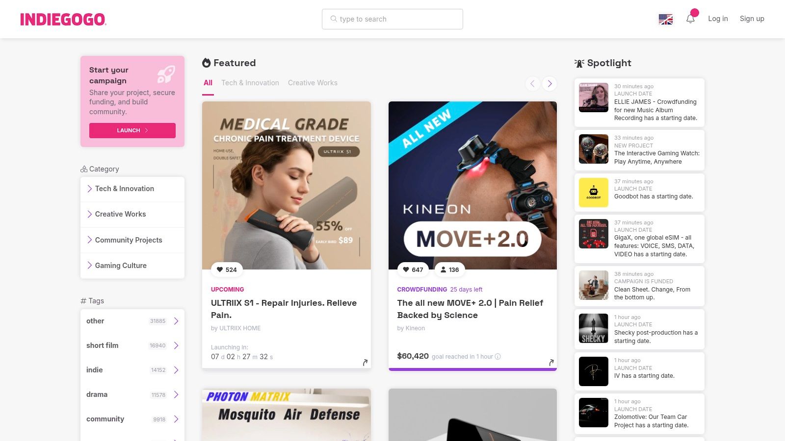 A screenshot of the Indiegogo homepage, showcasing its InDemand feature with images of various tech gadgets and innovative products available for pre-order.