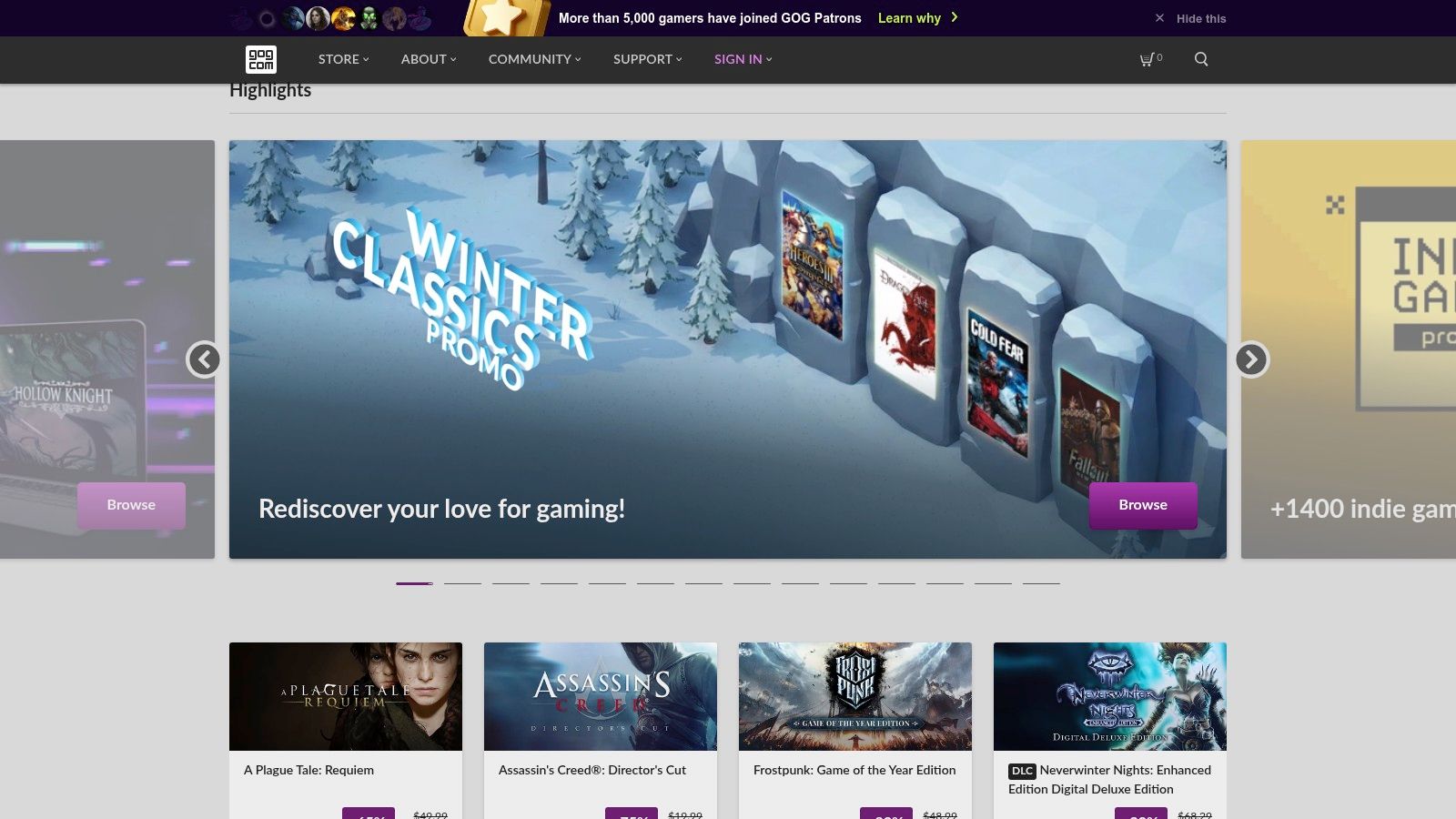 A screenshot of the GOG.com store interface, showing a curated collection of classic and indie games.