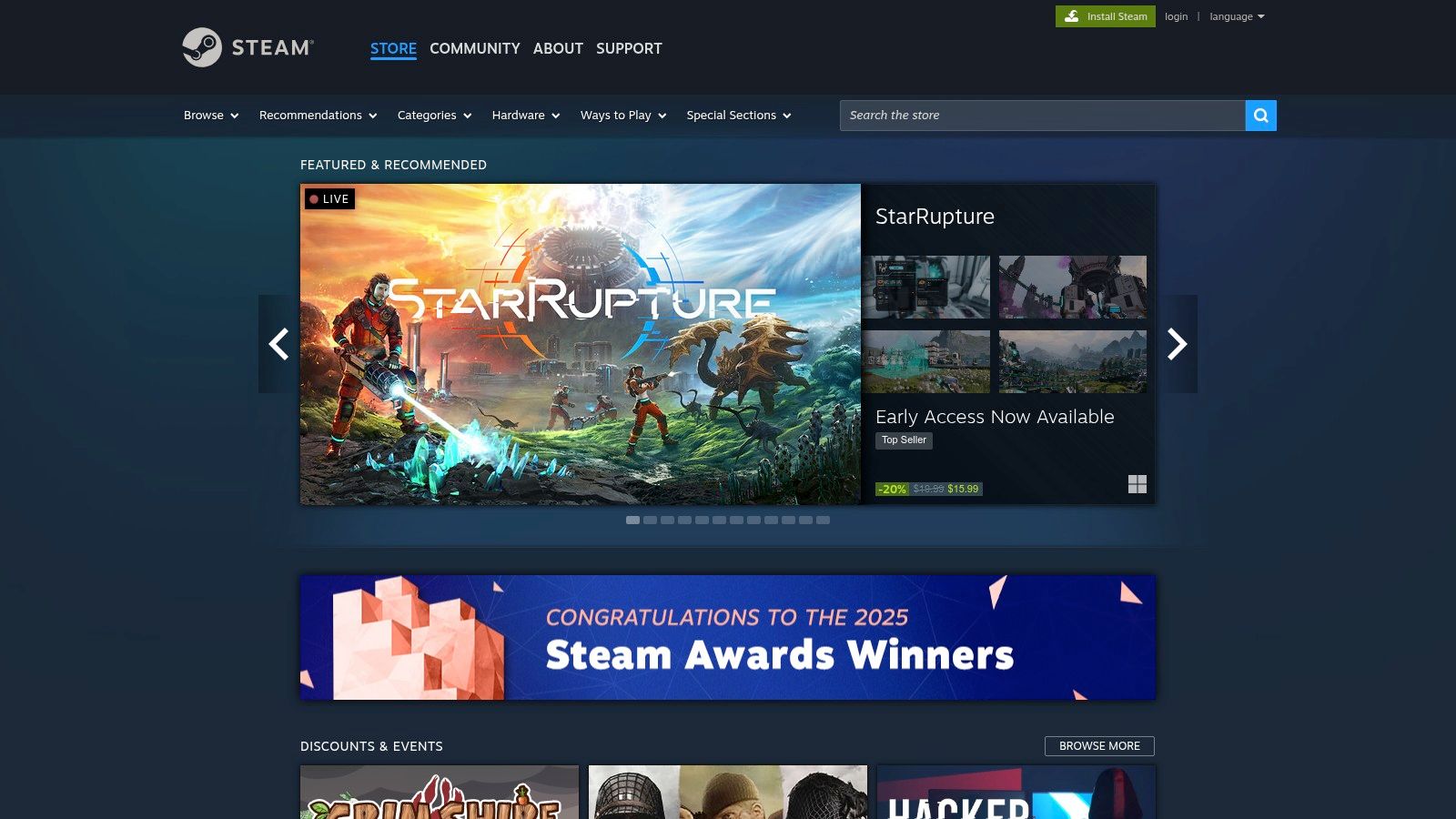 A screenshot of the Steam store homepage, showcasing various game covers and promotions.