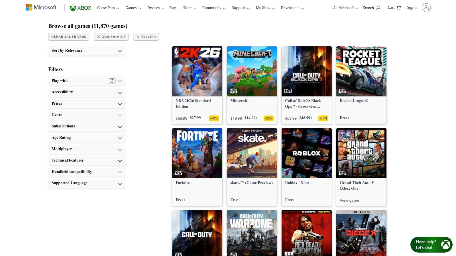A screenshot of the Xbox Microsoft Store, showing game tiles and navigation menus.