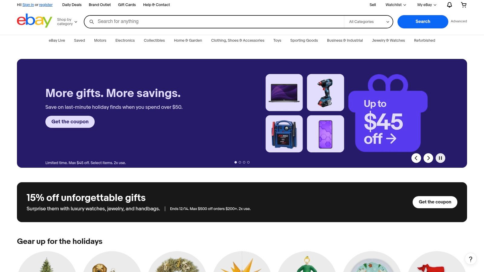 A screenshot of the eBay homepage, showcasing its global marketplace for buying and selling goods, including rare Kickstarter products.