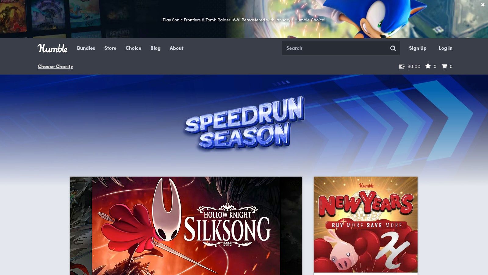 A screenshot of the Humble Store, displaying various games on sale and highlighting its charity support feature.