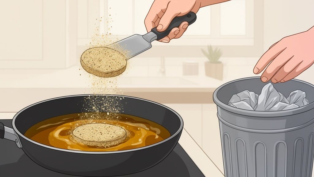 A person uses a spatula to place a breaded patty into a pan of hot oil for frying.