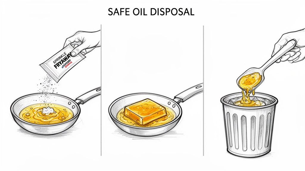 Illustration showing three steps for safe cooking oil disposal: adding powder, solidifying oil, and scooping into trash.