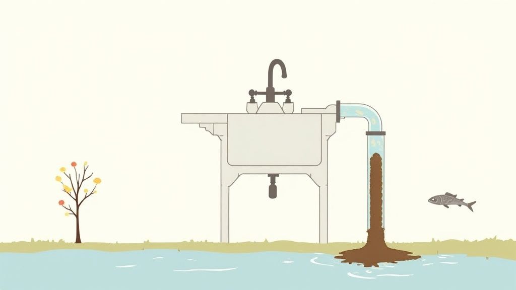 A sink with a pipe dumping brown polluted water into a blue lake, near a tree and a fish.
