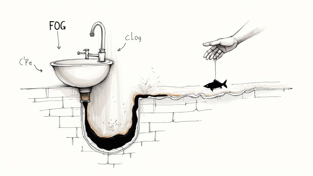 Cartoon illustration of a sink's drain pipe blocked by FOG (Fats, Oils, Grease), causing a plumbing clog.