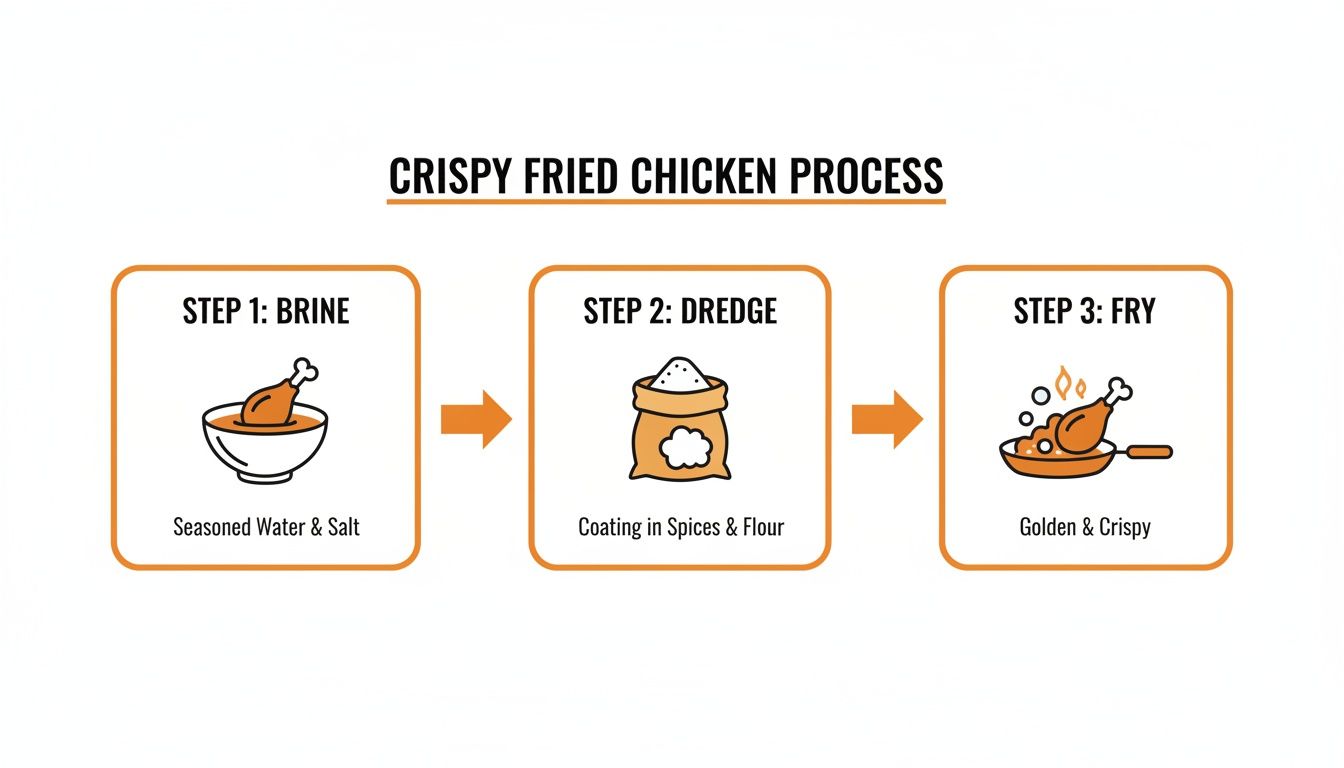 Infographic detailing the three steps to making crispy fried chicken: brining, dredging, and frying.