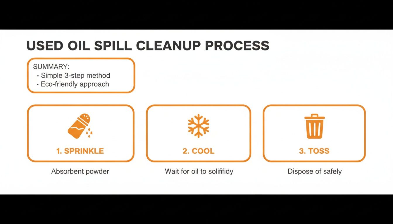 A presentation slide detailing a simple, eco-friendly 3-step used oil spill cleanup process.