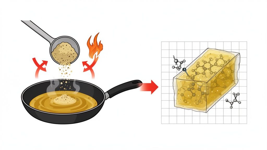 Illustration of ingredients being heated in a pan, transforming liquid oil into a solid block with molecular structures.