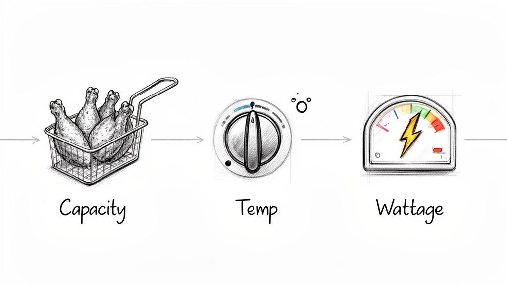 Sketch illustrating how fryer capacity and temperature settings influence wattage usage.