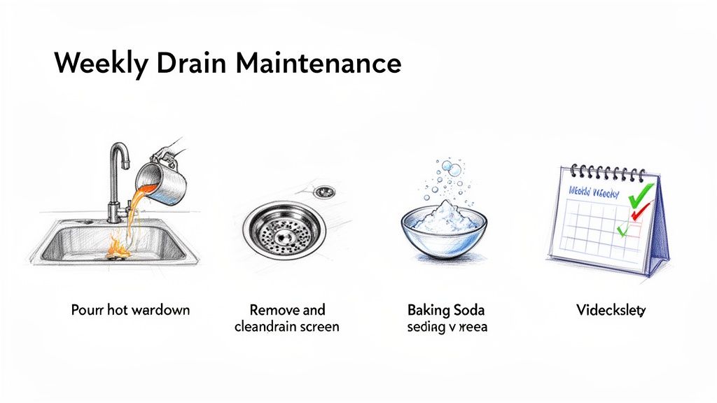 Illustrations showing steps for weekly drain maintenance, including hot water, cleaning screen, baking soda, and a calendar.