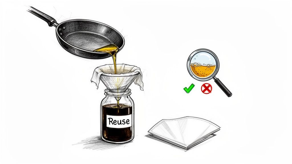 Illustration of filtering used cooking oil from a pan into a 'Reuse' jar with a funnel and filter paper.