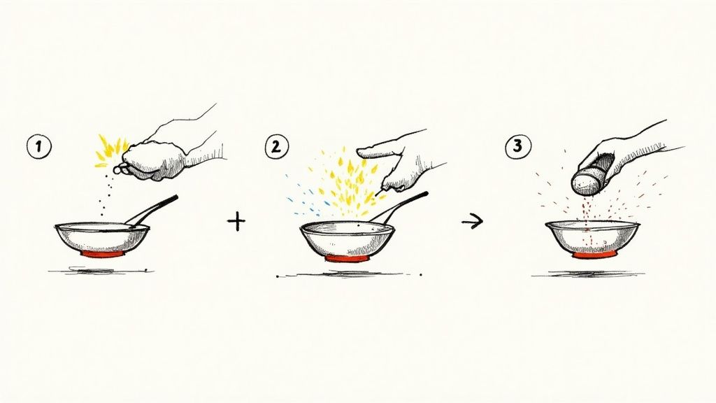 A close-up of FryAway powder being sprinkled into a pan of hot used cooking oil.