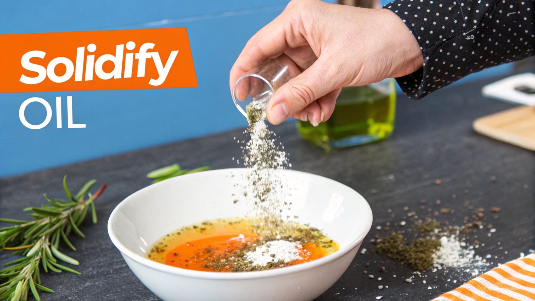 A hand sprinkling FryAway powder into a skillet of hot oil.