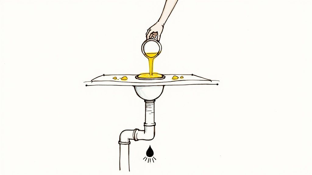 A kitchen sink with a clogged drain, illustrating the consequences of pouring used oil down the drain.