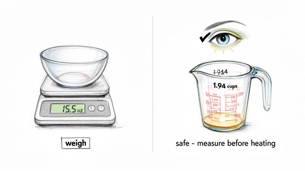 A kitchen scale showing 15.5 oz and a measuring cup displaying 1.94 cups of liquid.