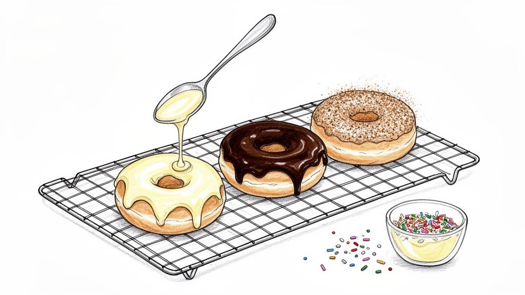 A detailed illustration of three donuts on a wire rack; one is being drizzled with white glaze.