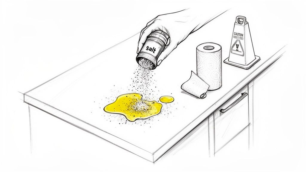 Hand sprinkling salt on spilled cooking oil on a counter, next to paper towels and a caution sign.