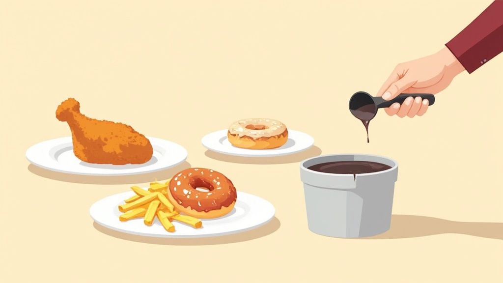 Various fried and sweet foods, including chicken, fries, and donuts, with sauce being poured.