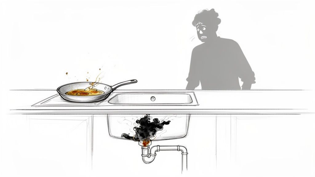 A pan of hot oil on a kitchen counter next to a sink with a smoking drain, and a scared person's silhouette.