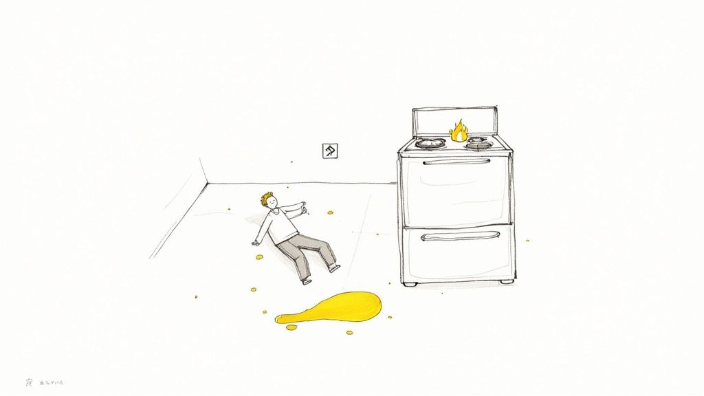 Illustration of a person fallen on an oil spill next to a burning stove.