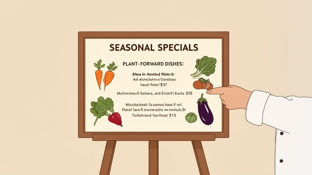 A chef points at a menu board displaying seasonal, plant-forward dishes and various vegetables.