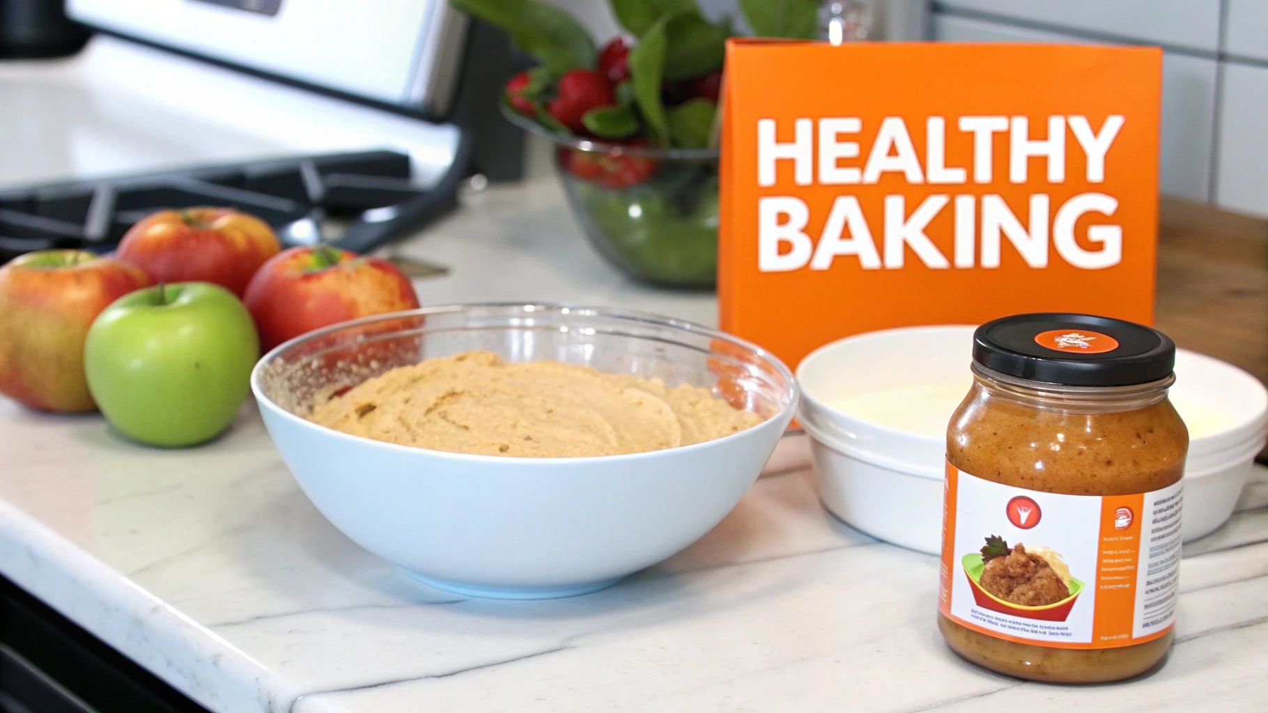 A bowl of applesauce next to a measuring cup, ready for baking.