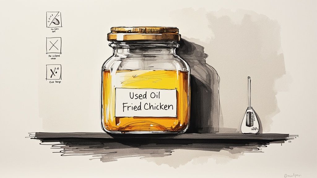 A jar of filtered oil being labeled with a marker, with a frying pan in the background.
