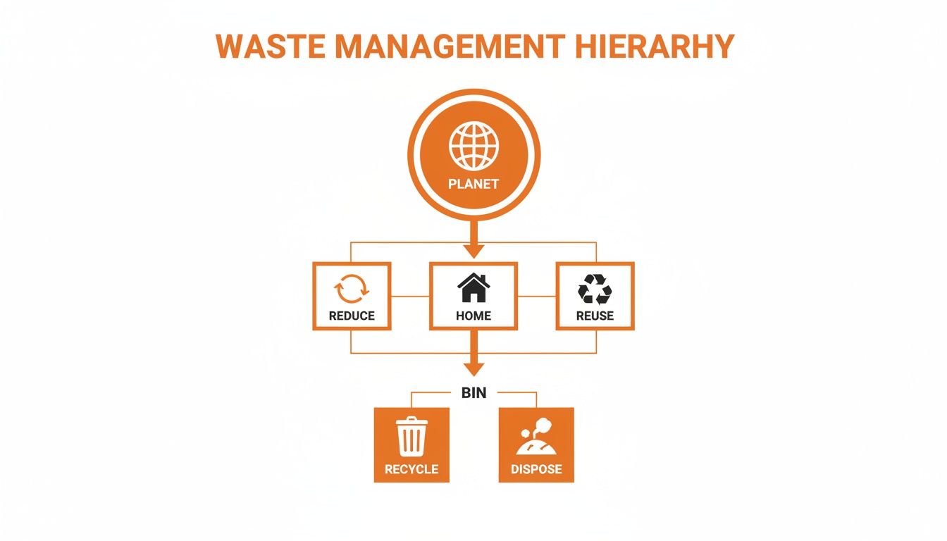 A waste management hierarchy diagram showing steps from planet to disposal, including reduce, reuse, and recycle.